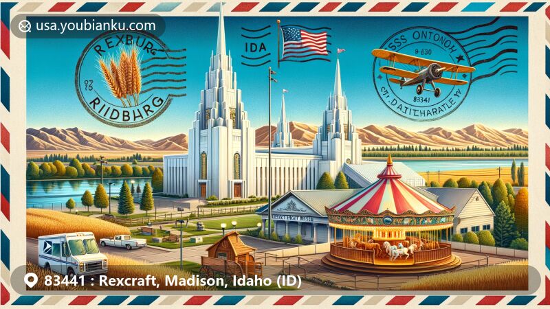 Modern illustration of Rexburg, Idaho, featuring Rexburg Idaho Temple, Tabernacle, Legacy Flight Museum, Porter Park carousel, and symbols of local culture like wheat motif and Cress Creek Nature Trail, stylized as a postal envelope with Idaho state flag stamp and airmail details.