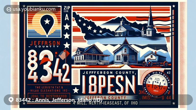 Modern illustration of Annis, Jefferson County, Idaho, showcasing postal theme with ZIP code 83442, featuring the silhouette of Jefferson County and the Josiah Scott House, emphasizing Annis' location and historical significance.