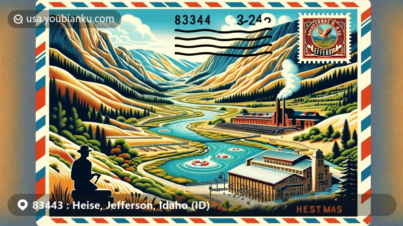 Modern illustration of Heise area, Jefferson County, Idaho, featuring Heise Hot Springs, Snake River, and Rocky Mountains, with vintage postcard design incorporating ZIP code 83443 and postal elements.