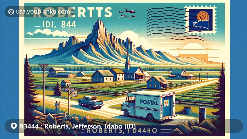 Modern illustration of Roberts, Idaho, showcasing agricultural town with farmlands, ranches, and Menan Buttes. Vintage postcard theme with Idaho state flag stamp, postal mark 'Roberts, ID 83444', and nostalgic elements like mailbox or postal van.