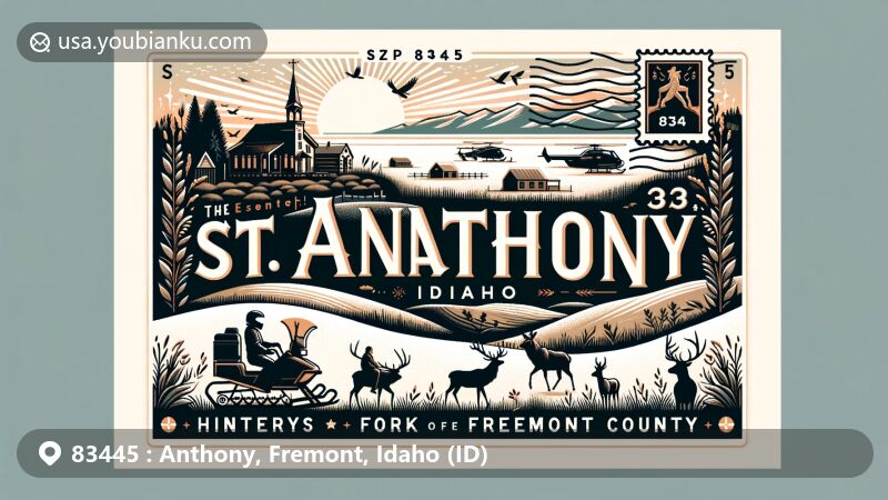 Modern illustration of St. Anthony, Idaho, Fremont County, incorporating local history, natural beauty, and postal theme with ZIP code 83445, featuring sand dunes, wildlife like deer, and the Henrys Fork of the Snake River.