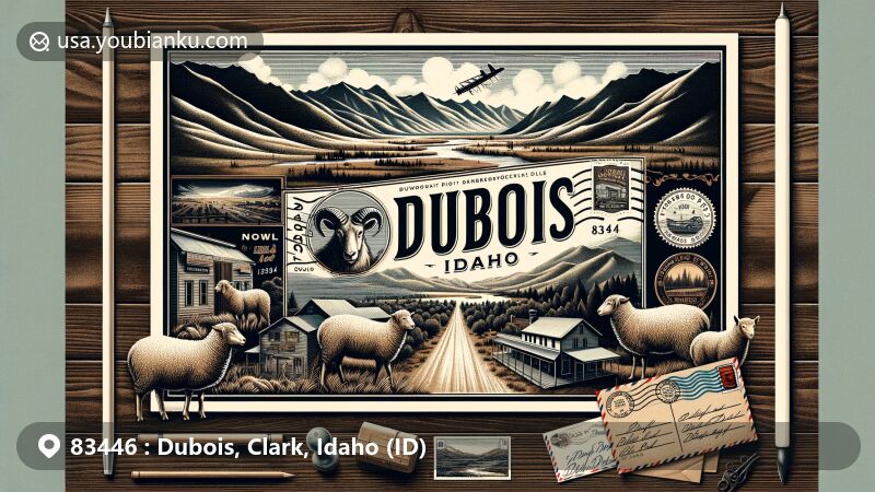 Modern illustration of Dubois, Idaho, featuring ZIP code 83446, showcasing the region's landscapes, wildlife, and outdoor allure.