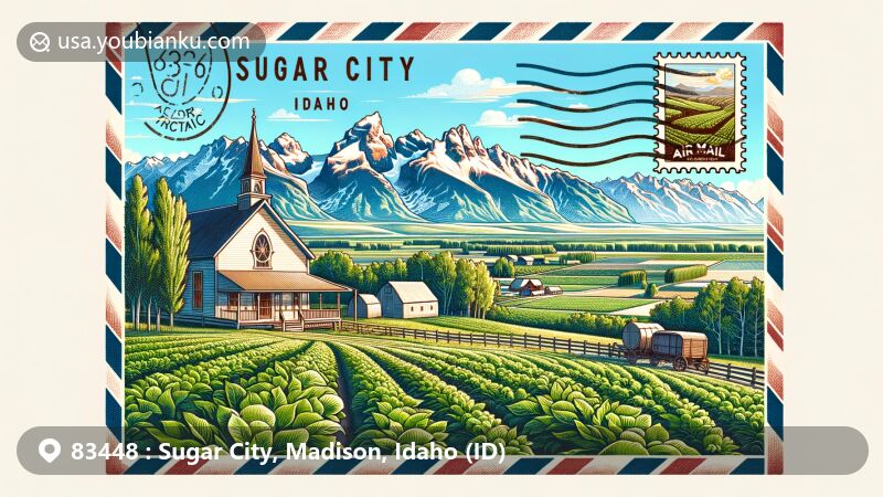 Modern illustration of Sugar City, Idaho, depicting the Teton Mountains in the background, sugar beet fields, Sugar City Tabernacle, and lush greenery, showcasing the community's agricultural heritage and scenic beauty in a postal-themed setting.