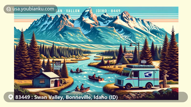 Modern illustration of Swan Valley, Idaho, showcasing postal theme with ZIP code 83449, featuring Teton Mountains, Snake River, and outdoor recreational activities.