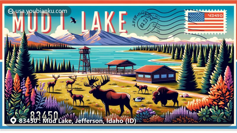 Modern illustration of Mud Lake, Jefferson County, Idaho, featuring local wildlife such as deer, elk, and a moose in the Wildlife Management Area, with Kaster Overlook Tower for bird watching. Idaho's heritage elements like the state flag and Jefferson County outline included, with a postal theme displaying ZIP code 83450.