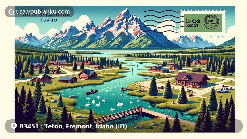 Modern illustration of Teton, Fremont County, Idaho, with ZIP code 83451, featuring lush forests, towering mountains, and conservation efforts of Teton Regional Land Trust. The scene is framed within an air mail envelope, highlighting natural beauty and environmental preservation.