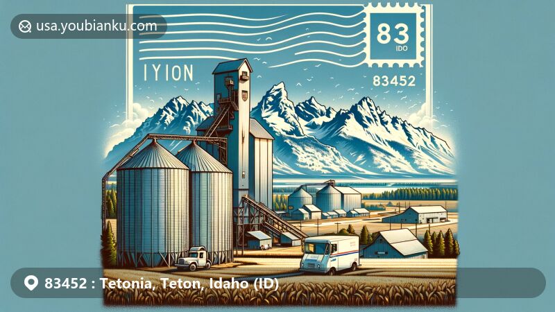 Modern illustration of Tetonia, Teton County, Idaho, featuring ZIP code 83452, showcasing agricultural heritage, Teton Mountains, air mail envelope, and postal symbols.