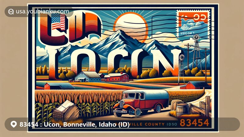 Modern illustration of Ucon, Bonneville County, Idaho, featuring postal theme with ZIP code 83454, showcasing rural landscapes and regional charm, incorporating Idaho state flag and vintage postal elements.