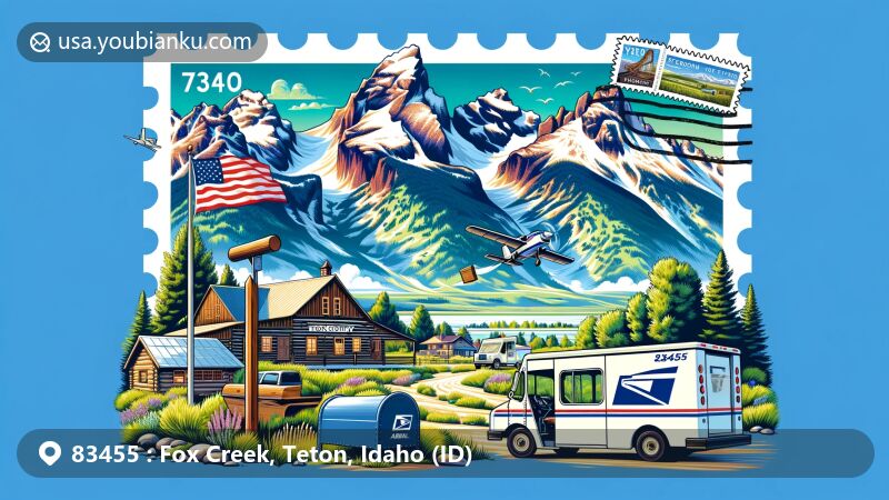 Modern illustration of Fox Creek and Victor areas in Teton County, Idaho, blending natural and postal themes with ZIP code 83455. Features Teton Mountains, airmail envelope, mailbox, mail truck, and Idaho flag.