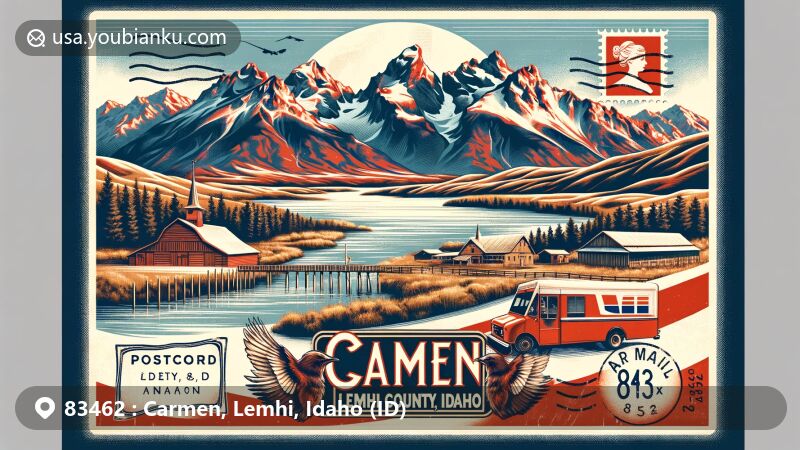 Modern illustration of Carmen area, Lemhi County, Idaho, with ZIP code 83462, showcasing Rocky Mountains and rugged landscapes, featuring Lemhi County Fairgrounds and historical markers.