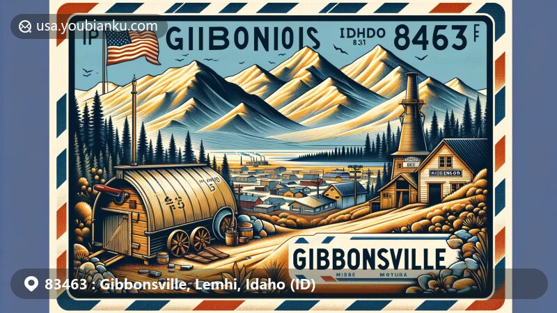 Modern illustration of Gibbonsville, Lemhi County, Idaho, showcasing postal theme with ZIP code 83463, featuring Bitterroot Mountains and historic mining elements.