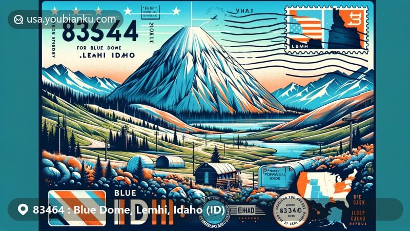 Modern illustration of Blue Dome, Lemhi, Idaho (ID), featuring Lemhi Pass and postal theme with ZIP code 83464, showcasing Lewis and Clark expedition, Idaho silhouette, and postal symbols.