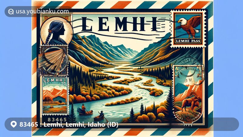 Modern illustration of Lemhi, Idaho, showcasing Lemhi River, Lemhi Pass, Lemhi Shoshoni heritage, and postal theme with ZIP code 83465. Vintage airmail envelope design with stylized stamps and silhouette of Sacajawea.