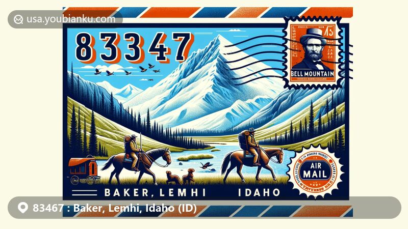 Modern illustration of Baker, Lemhi County, Idaho, showcasing postal theme with ZIP code 83467, featuring Lemhi Pass, Lewis and Clark, Bell Mountain, and vintage stamp, capturing the area's natural beauty and historical significance.