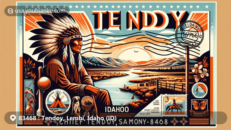 Modern illustration of Tendoy, Idaho, showcasing Chief Tendoy, Sacajawea, Lemhi County landscape, and Shoshone culture, combined with postal-themed elements like postcard border, stamps, and ZIP code 83468.