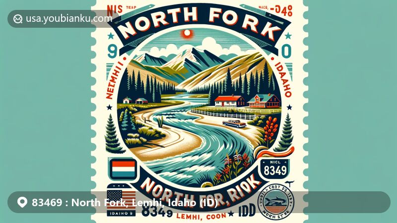 Modern illustration of North Fork, Lemhi County, Idaho, showcasing postal theme with ZIP code 83469, featuring Salmon River confluence, Idaho state flag, and Lemhi County outline.