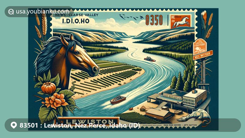 Modern illustration of Lewiston, Idaho, capturing the essence of ZIP code 83501 with Snake and Clearwater Rivers confluence, Nez Perce tribe symbolism, vineyard scene, jet boat adventure, and vintage postcard overlay.