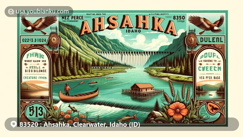 Modern illustration of Ahsahka, Idaho, featuring landmarks like Dworshak Dam and Clearwater River, showcasing Nez Perce culture, fishing symbols, and Idaho's greenery.