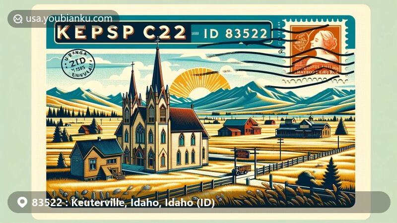 Modern illustration of Keuterville, Idaho, with scenic prairie landscape, historic Catholic Church from 1880, classic wooden saloon, vintage postal elements, and idyllic postcard design.