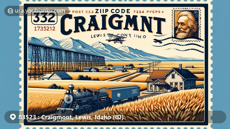 Modern illustration of Craigmont, Lewis County, Idaho, featuring Camas Prairie wheat fields, Camas Prairie Railroad trestles, and Craigmont Historical Museum, with postal themes like vintage air mail envelope, stamps, and 'Craigmont, ID 83523' postmark.