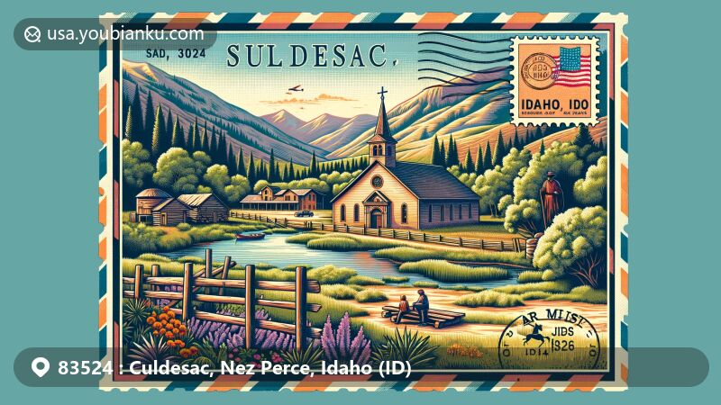 Modern illustration of Culdesac, Nez Perce County, Idaho, featuring Saint Joseph's Mission and lush landscapes, framed in a vintage postcard style with nods to Old West history.