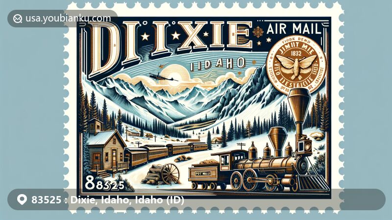 Detailed illustration of Dixie, Idaho, showcasing postal theme with ZIP code 83525, featuring snow-covered mountains and historical gold mining elements.