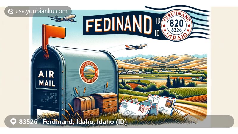 Modern illustration of Ferdinand, Idaho, showcasing rural landscape with American farmland and rolling hills, featuring airmail envelope labeled 'Ferdinand, ID 83526' and mailbox with postal theme.