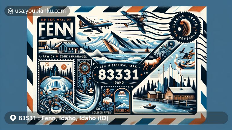 Modern illustration of Fenn, Idaho, showcasing postal theme with ZIP code 83531, blending natural beauty, extreme temperatures, and snowfall with cultural and historical elements of Idaho, featuring Nez Perce National Historical Park, Salmon River, and Shoshone Ice Caves.