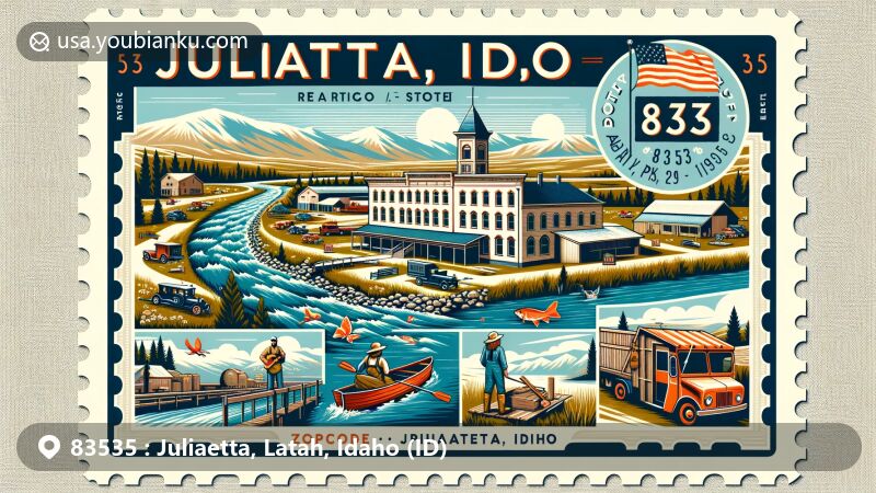 Modern illustration of Juliaetta, Latah County, Idaho, highlighting Potlatch River, Bank of Juliaetta, farming, logging, outdoor activities, vintage postcard theme, Idaho state flag, and zipcode 83535.