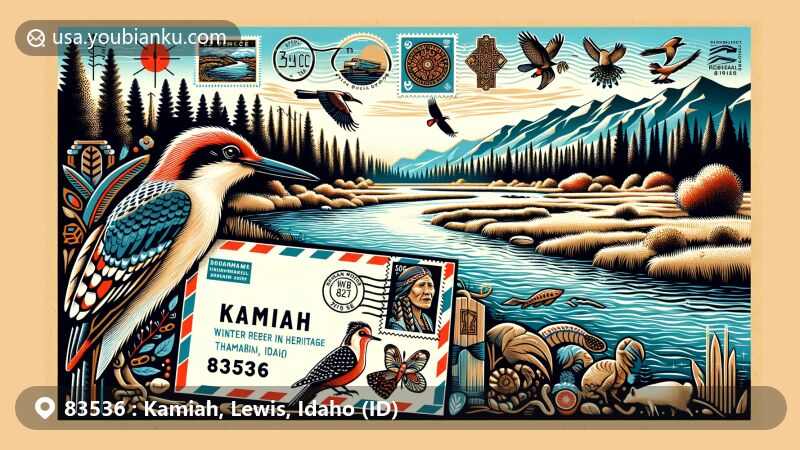 Modern illustration of Kamiah, Idaho, blending cultural and natural heritage with postal elements, featuring Clearwater River, Nez Perce Indian motifs, vintage airmail envelope with ZIP code 83536, and Lewis Woodpecker stamp.
