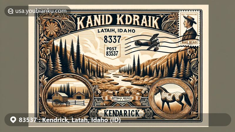 Modern illustration of Kendrick, Latah County, Idaho, capturing postal theme with ZIP code 83537, highlighting the geographic features of the city surrounded by pine, fir, and cedar in a canyon river valley, showcasing the scenic views along the Potlatch River. Decorated with Appaloosa horse pattern on the envelope border symbolizing the nearby Appaloosa Museum and historical elements of logging, agriculture, and early settlers’ lifestyle related to Kendrick’s rich history. Prominently displaying the postal code '83537' on the envelope with a fictitious stamp depicting Kendrick Museum or a typical pioneer-era building. The illustration adopts a modern art style suitable for web use, vibrant in colors, visually appealing, maintaining sophistication.