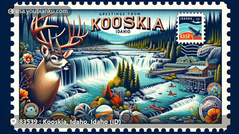 Modern illustration of Kooskia, Idaho, ZIP Code 83539, showcasing Selway Falls, Lochsa River, Nez Perce Indian Reservation, and historical aerial tramway, capturing the area's natural beauty and cultural significance.