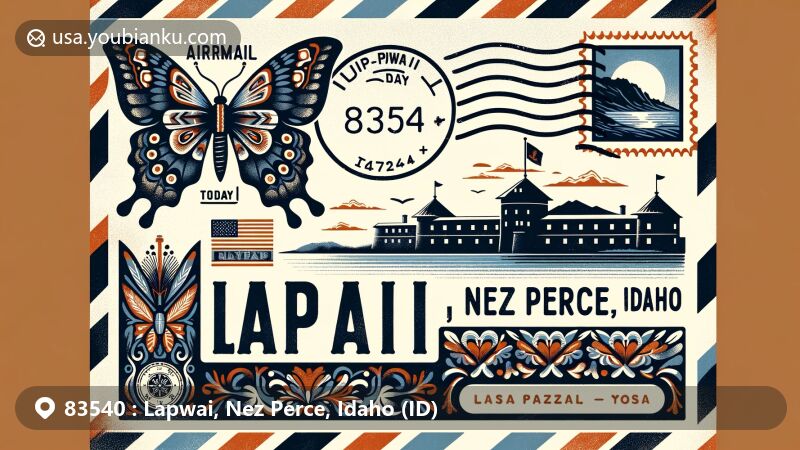 Modern illustration of Lapwai, Idaho, featuring airmail envelope with Fort Lapwai silhouette, Nez Perce totem postage stamp, and '83540' ZIP Code.