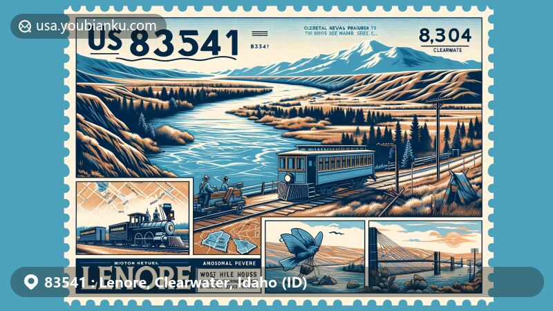 Modern illustration of Lenore, Clearwater County, Idaho, featuring Clearwater River, Lenore Tram historical landmark, and evidence of Nez Perce occupation, creatively blended with postal theme.