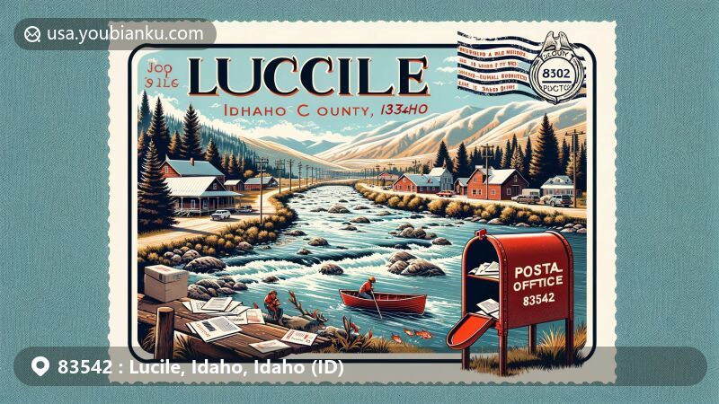 Modern illustration of Lucile, Idaho, featuring a postal theme with ZIP code 83542, showcasing the Salmon River and outdoor activities like hiking and fishing in the rugged terrain of Idaho County.
