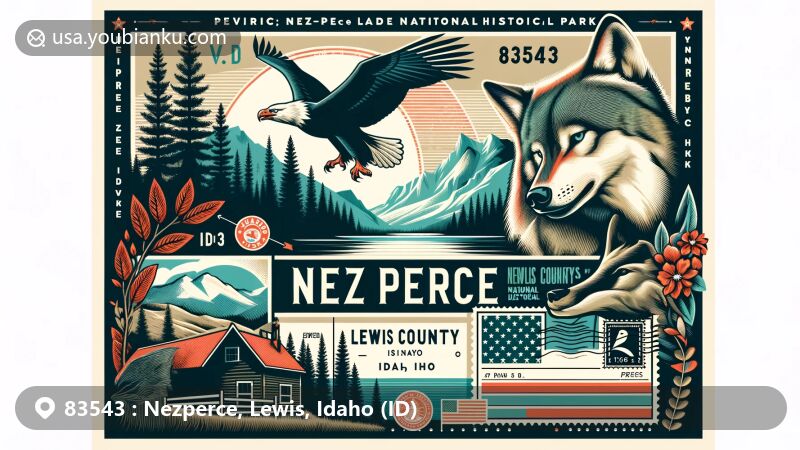 Modern illustration of Nezperce, Lewis County, Idaho, featuring Nez Perce National Historical Park with bald eagle and gray wolf, showcasing biodiversity and cultural heritage, with vintage postal elements and ZIP code 83543.