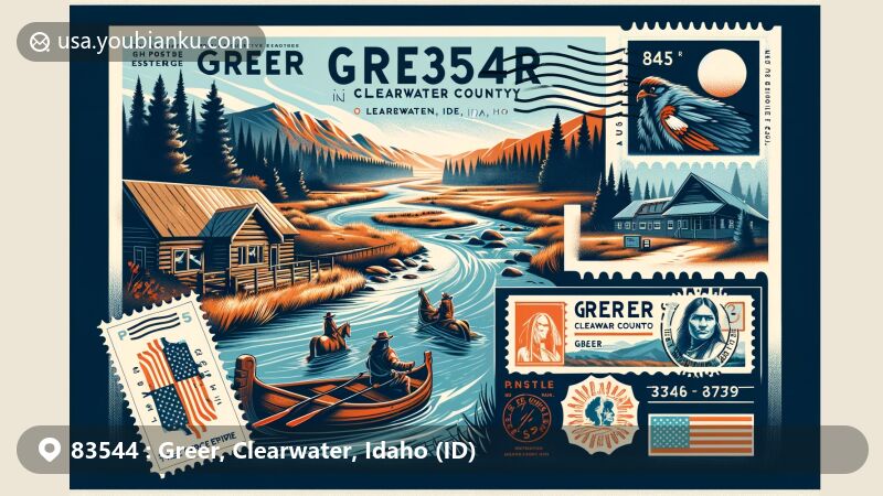 Modern illustration of Greer, Clearwater County, Idaho, featuring postal code 83544, Clearwater River, Nez Perce Indian Reservation, Lewis and Clark Expedition encounter, and postal elements.
