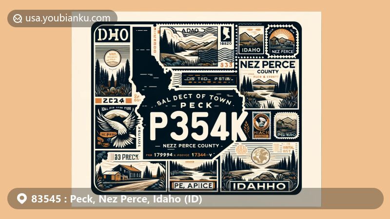 Modern illustration of Peck, Nez Perce County, Idaho, showcasing postal theme with ZIP code 83545, featuring Idaho silhouette, Nez Perce County outline, and local heritage symbols.
