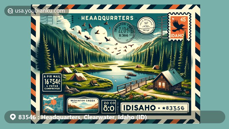 Modern illustration of Headquarters, ZIP Code 83546, Idaho, with a postal theme highlighting Washington Creek Campground and Idaho's natural beauty.
