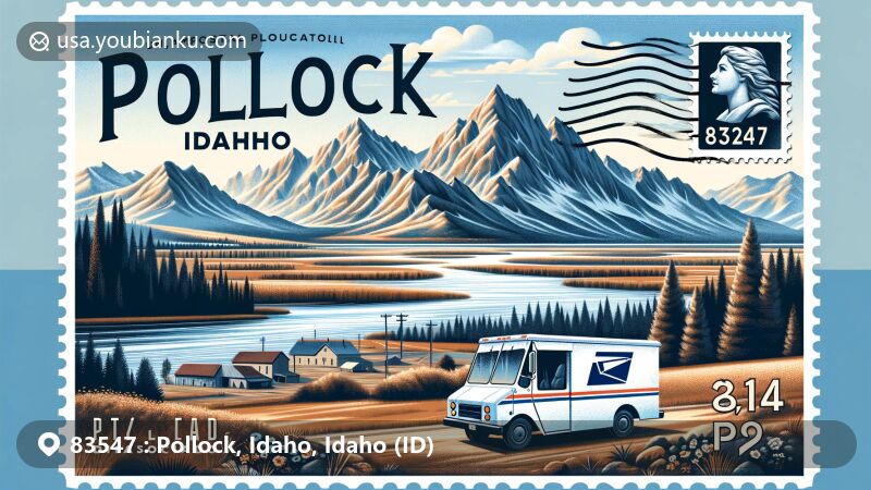 Modern illustration of Pollock, Idaho, depicting a postal theme with ZIP code 83547 against the backdrop of the majestic Rocky Mountains, symbolizing the serene unincorporated community in Idaho County.