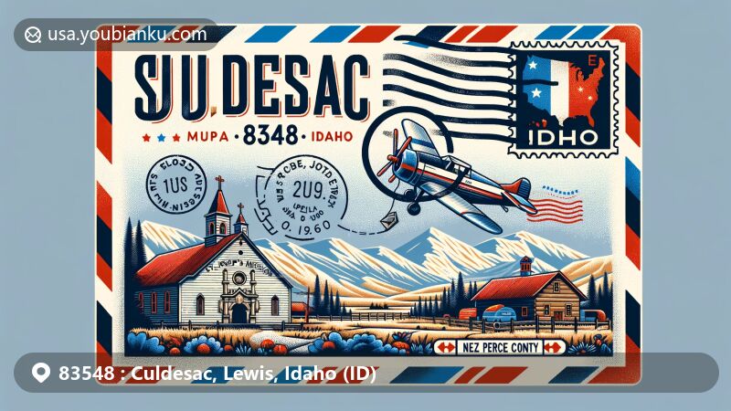 Modern illustration of Culdesac, Idaho, ZIP code 83548, featuring airmail envelope design with St. Joseph's Mission, symbolizing Old West history, Idaho state flag, and postmark details. Background includes Idaho and Nez Perce County outlines.