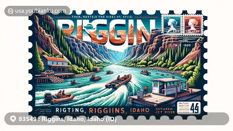 Modern illustration showcasing Riggins, Idaho, with Salmon River in canyon landscape, embodying outdoor culture and adventure opportunities, featuring postal elements like postmark, stamps, and ZIP code 83549.