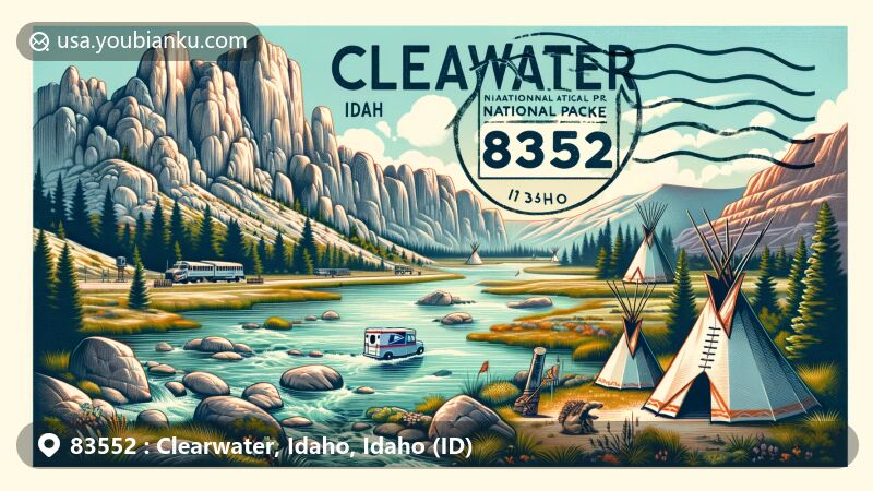 Modern illustration of Clearwater, Idaho, blending postal and regional characteristics, featuring City of Rocks National Reserve and Nez Perce National Historical Park.
