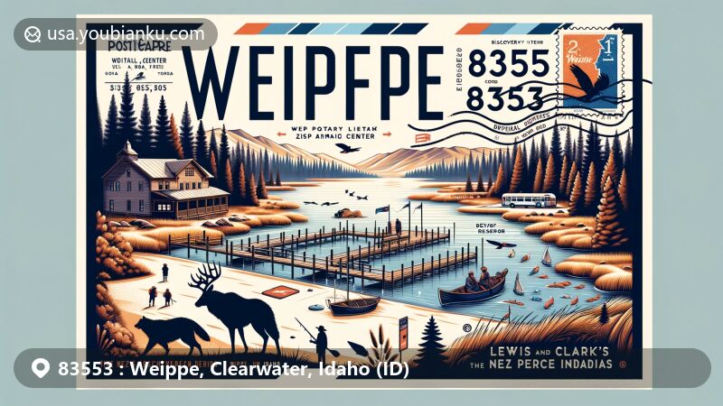 现代插图展示了Idaho州Weippe，邮政编码83553的特色，融合了丰富历史和自然景观，突出了Lewis和Clark与Nez Perce印第安人的遭遇。插图采用壁画风格，突出了Weippe Discovery Center和Deyo Reservoir的风景美。