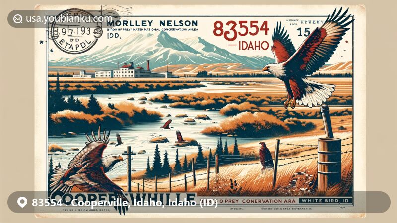 Modern illustration of Cooperville and White Bird, Idaho, depicting Snake River, Morley Nelson Snake River Birds of Prey National Conservation Area, golden eagles, red-tailed hawks, and Old Idaho Penitentiary.
