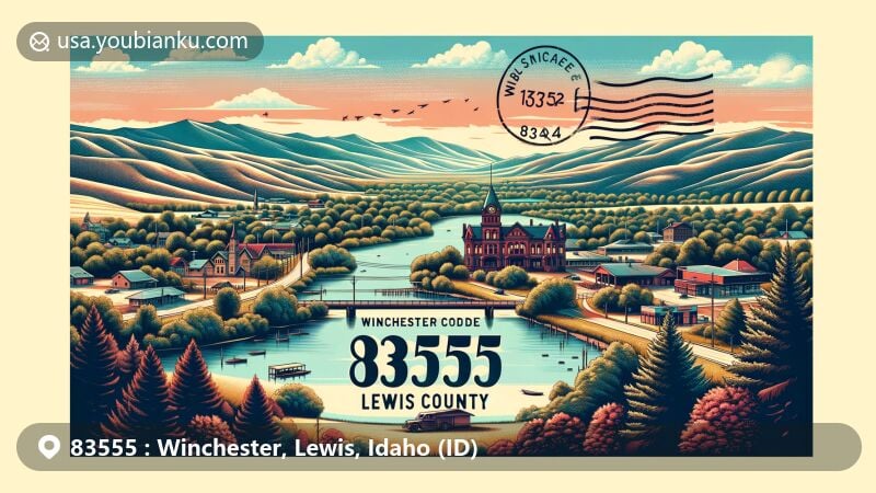 Modern illustration of Winchester, Lewis County, Idaho, showcasing panoramic view with Lapwai Lake and Camas Prairie, highlighting Winchester Museum, vintage postcard elements, and ZIP code 83555, set against Idaho's lush greenery and rolling hills.
