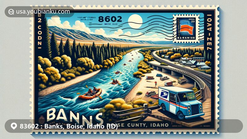Modern illustration of Banks, Boise County, Idaho, featuring the confluence of North and South forks of the Payette River at Banks, a popular rafting and kayaking destination, set against the scenic Idaho landscape.