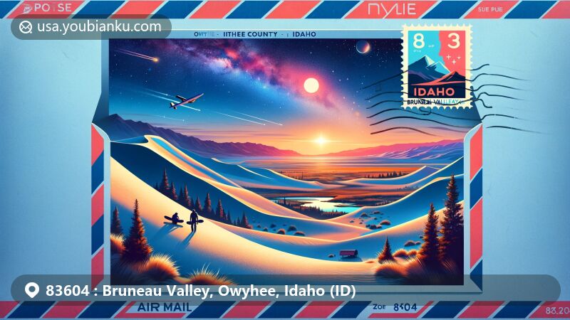 Modern illustration of Bruneau Valley, Owyhee County, Idaho, showcasing postal theme with ZIP code 83604, featuring Bruneau Sand Dunes State Park, Bruneau Canyon, Bruneau River, and Idaho state flag.
