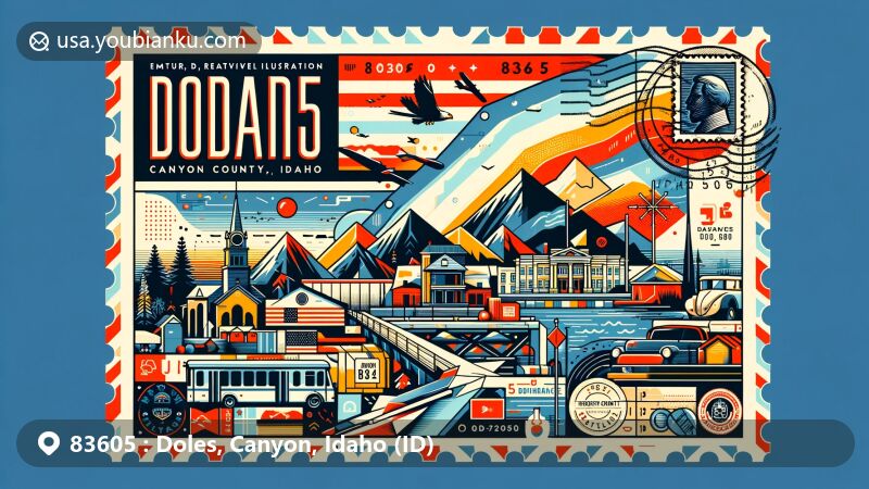 Modern illustration of Doles, Canyon County, Idaho, showcasing postal theme with ZIP code 83605, featuring Idaho state flag, Canyon County outline, and local landmarks.