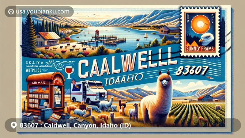 Modern illustration of Caldwell, Idaho, 83607, featuring Deer Flat National Wildlife Refuge, Sunnyslope Wine Trail, Babby Farms alpacas, Indian Creek Plaza, Lake Lowell, Caldwell Night Rodeo stamp, vintage postal truck, overflowing mailbox, and ZIP Code 83607.